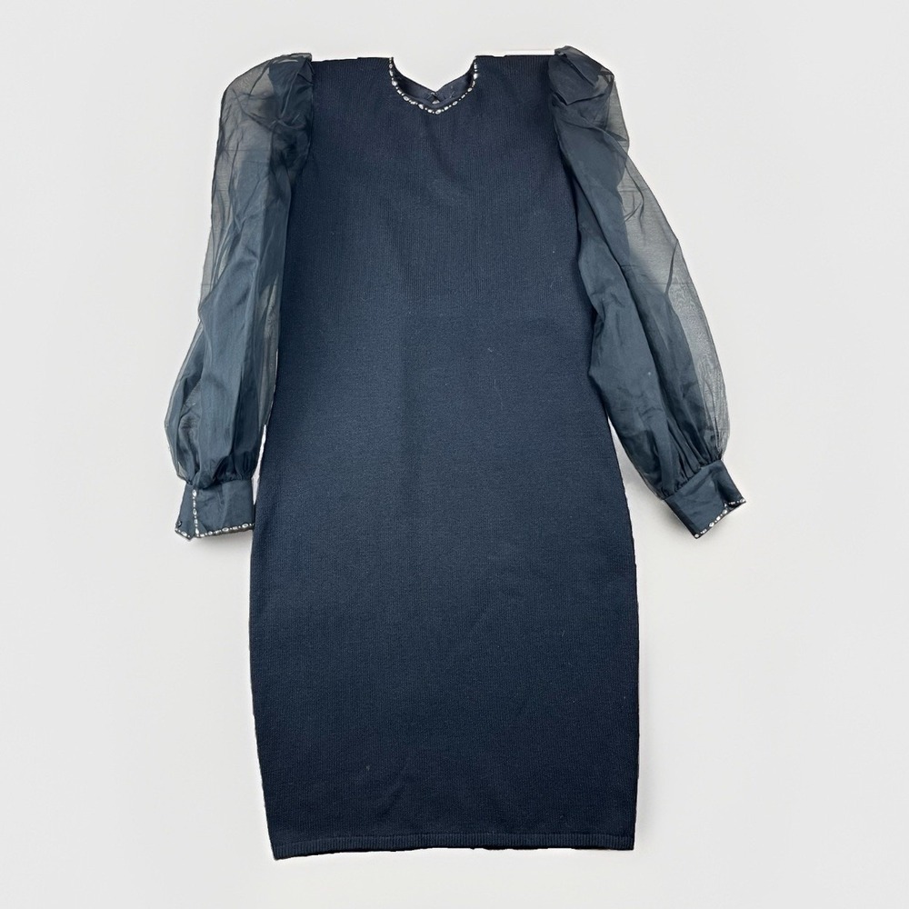 St. John By Marie Gray Dress Size 10 Black Sheer Sleeve Cocktail